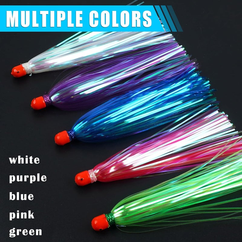 FUSIGO Fishing Teasers Mylar Flash Teaser Tail 0.35oz Jig Head Saltwater Fishing Lure Teasers Mylar Fishing Skirts Weighted Sinker Head Mylar Flash Skirts Hair - Image 5